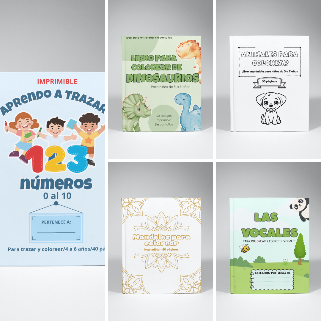 Pack educativo infantil imprimible - 5 libros para aprender y colorear.